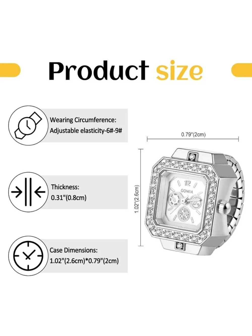 Unisex All Silver Quartz Stainless Steel Elastic Band Square Finger Ring Watch